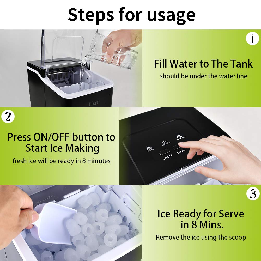 ULIT Portable Ice Maker,Ice Maker Machine for Countertop, Self-Cleaning Function Ice Cube Maker,Make 26 lbs Ice in 24 hrs, 9 Ice Cubes Ready in 8 Minutes,with Ice Scoop and Basket(Black)