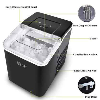 ULIT Portable Ice Maker,Ice Maker Machine for Countertop, Self-Cleaning Function Ice Cube Maker,Make 26 lbs Ice in 24 hrs, 9 Ice Cubes Ready in 8 Minutes,with Ice Scoop and Basket(Black)